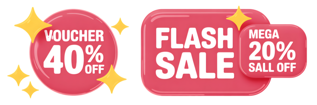 Pink voucher and flash sale tags with starbursts and percentage discounts mega sale “Sale Promotion Badge and Speech Bubble Icon Set – Special Offer Discount Labels”