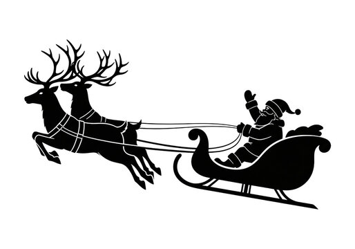 Santa Reindeer Sleigh Flying Black Silhouette SVG