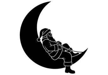 Santa Claus Napping on Crescent Moon Black Silhouette Vector