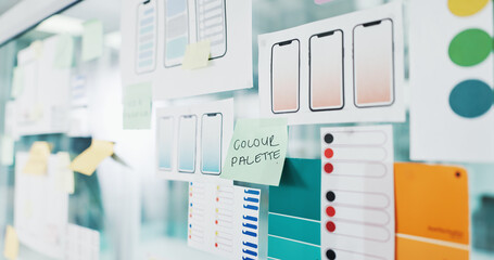 Color palette, wireframes or glass board with sticky note for web design, planning or brainstorming. Empty, paper or template with UI blueprints for mobile app, software development or UX ideas