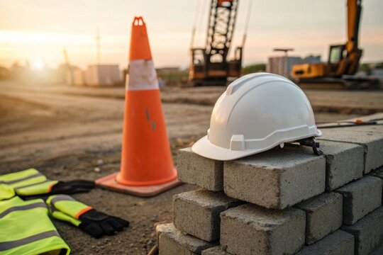 Safety gear setup at industrial construction site with helmet traffic cone and gloves for enhanced worker protection