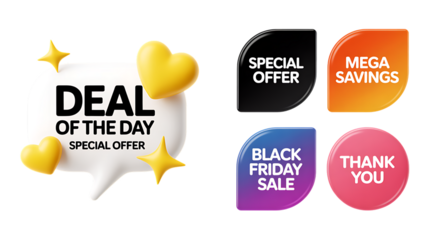 Promotional Sale Icons Including Deal of the Day Special Offer Mega Savings discount marketing “Sale Promotion Badge and Speech Bubble Icon Set – Special Offer Discount Labels”