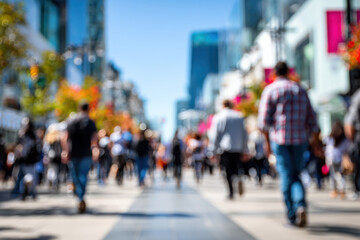 Obraz premium Blurry outdoor street with people walking during daytime for virtual calls