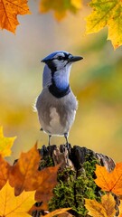 A vibrant bird with blue, white, and gray plumage perches atop a weathered wood stump amid warm-toned fall foliage