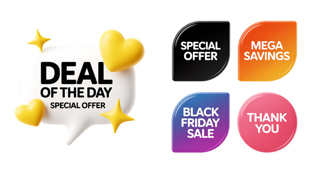 Promotional Sale Icons Including Deal of the Day Special Offer Mega Savings discount marketing “Sale Promotion Badge and Speech Bubble Icon Set – Special Offer Discount Labels”