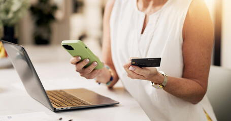 Hands, phone and laptop with credit card in home for online shopping or remote banking app. Woman,...