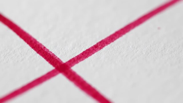Macro shot of crossed, bright pink marker lines on textured, white paper, slightly blurred in depth of field