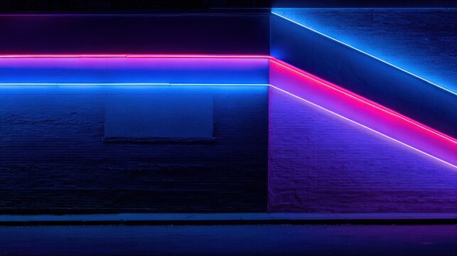 abstract neon lines on a black wall modern urban street art with colorful geometric patterns in blue pink and purple
