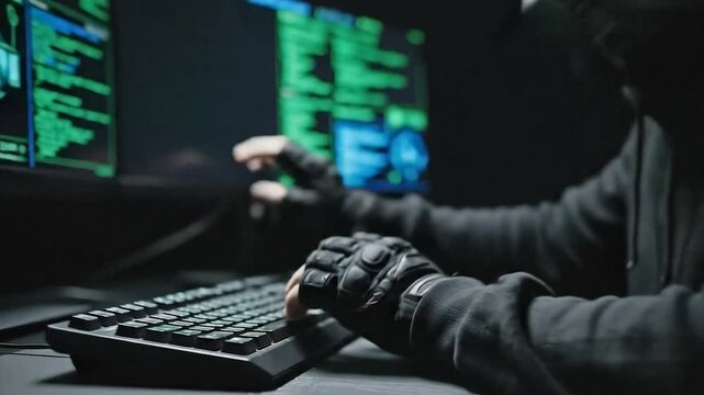A hacker criminal in black costume can't see the face working with computer, cyber crime mood , video.