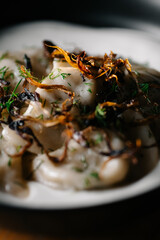 Fluffy cottage cheese pancakes with whipped cream and peach jam