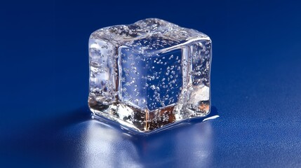 Melting Ice Cube with Air Bubbles on Deep Blue — Crystal Clear Macro Refreshment