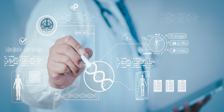 Doctor using digital pen to analyze DNA and medical data through AI interface, representing biotechnology innovation, precision medicine, and futuristic healthcare research in modern medical science.