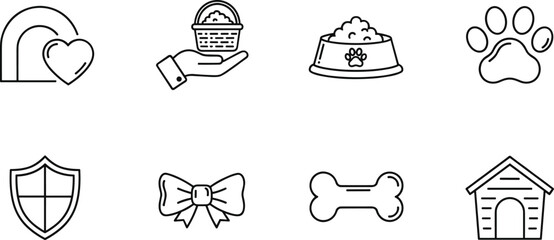Pet care icon set, food bowl paw bone shelter symbols, animal protection sketch art, cad drawing flat vector illustration