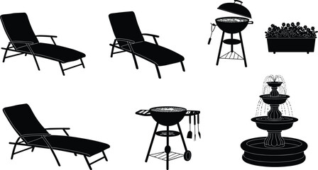 Outdoor furniture, garden items, lounge chairs, charcoal grill, flower planter, water fountain, black silhouette, vector set, cad drawing, flat illustration