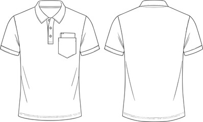 Polo shirt technical sketch, fashion flat drawing, garment CAD template, vector apparel illustration, clothing design outline, front back view
