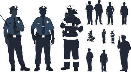 Police and firefighter icons, emergency personnel silhouette, public safety vector, uniformed responders, black illustration, rescue team, minimal flat design