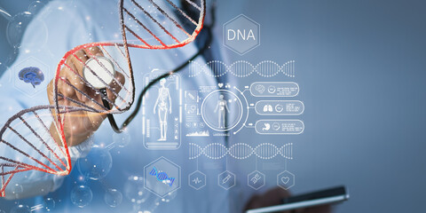 Doctor examining DNA strand with stethoscope and digital hologram interface, symbolizing biotechnology innovation, genetic research, molecular medicine, futuristic healthcare science in modern era.