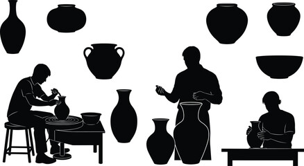pottery making vector, ceramic art silhouette, clay crafting illustration, artisan workshop icons, flat design pottery, cad drawing flat vector illustration