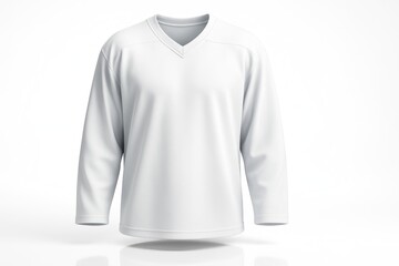 Plain white hockey jersey straight on front view on an invisible mannequin showing natural torso shape on white