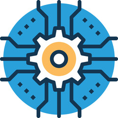 Abstract Digital Circuitry With Central Cogwheel On A Blue Circular Background Representing Technology And Mechanics