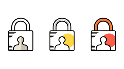 Three stylized padlock icons with user silhouette and colored background elements security