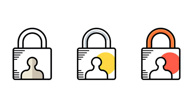 Three stylized padlock icons with user silhouette and colored background elements security