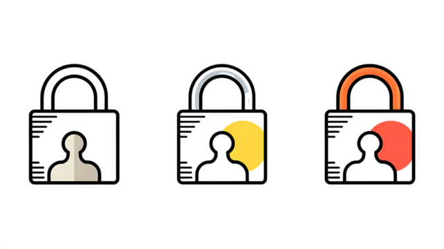 Three stylized padlock icons with user silhouette and colored background elements security