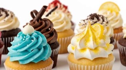 Variety of cupcakes featuring diverse toppings like chocolate curls lemon slices sprinkles and colorful frosting - Powered by Adobe