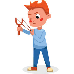Cartoon Boy With Red Hair And Freckles Holding A Slingshot Ready To Shoot Wearing Blue Shirt And Jeans On Transparent Background
