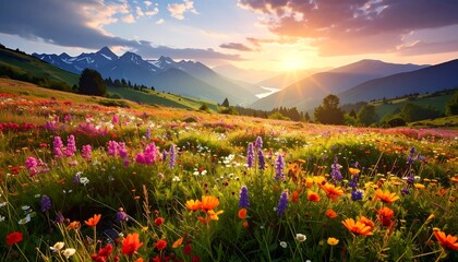 Vibrant wildflower meadow at sunset in the mountains.