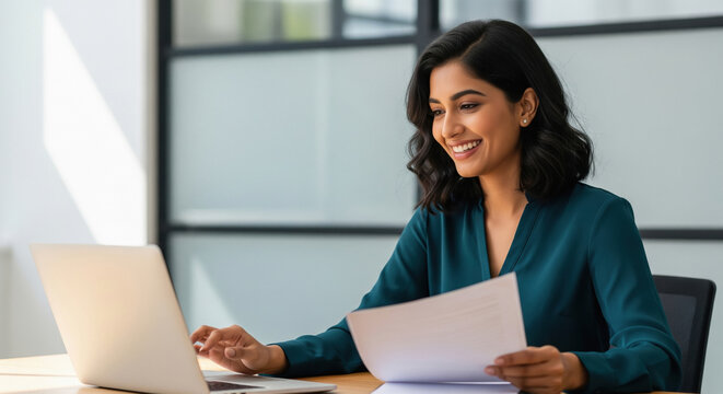 Happy Indian Businesswoman Working on Laptop in Modern Office - Powered by Adobe