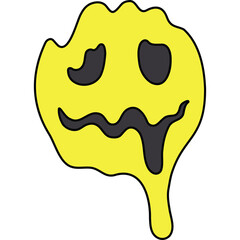 A Melting Yellow Smiley Face Icon With Black Eyes and Mouth Against A Transparent White Background