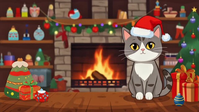 Cute Christmas Cat by Cozy Fireplace with Gifts in Festive Holiday Scene
