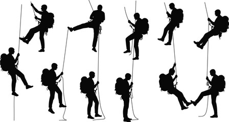 Rappelling silhouettes, rope climbing vector, adventure sports illustration, rescue training gear, mountaineering poses, extreme activity, cad drawing flat vector illustration