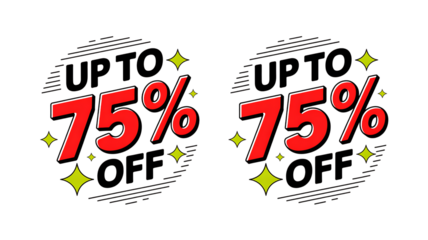 Two circular red and white 75 percent off sale graphics with starbursts discount up to 75 percent off “Sale Promotion Badge and Speech Bubble Icon Set – Special Offer Discount Labels”