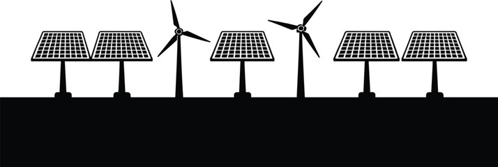 Renewable energy icons, solar panel vector, wind turbine silhouette, clean power design, eco-friendly illustration, sustainable energy, minimal black drawing