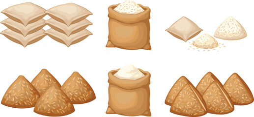 Rice sacks, cone rice servings, food packaging, agricultural storage, white rice, brown sack, grain harvest, rural supply, vector illustration, cad drawing flat vector illustration