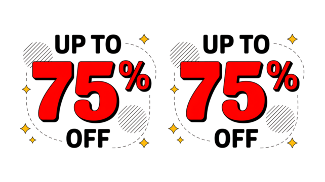 Two identical red and white 75 percent off sale banners with starbursts discount up to 75 percent off “Sale Promotion Badge and Speech Bubble Icon Set – Special Offer Discount Labels”