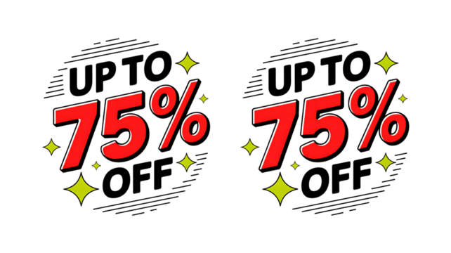 Two circular red and white 75 percent off sale graphics with starbursts discount up to 75 percent off “Sale Promotion Badge and Speech Bubble Icon Set – Special Offer Discount Labels”