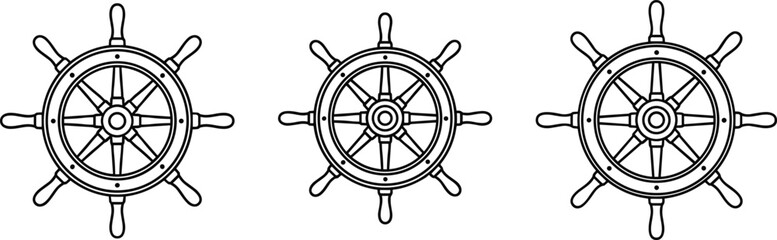 Ship steering wheel icon set, nautical helm line drawing, maritime navigation symbol art, cad drawing flat vector illustration