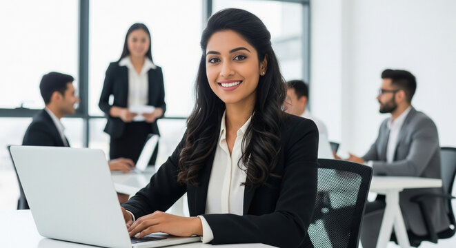 Smiling Indian businesswoman working on laptop in modern office - Powered by Adobe