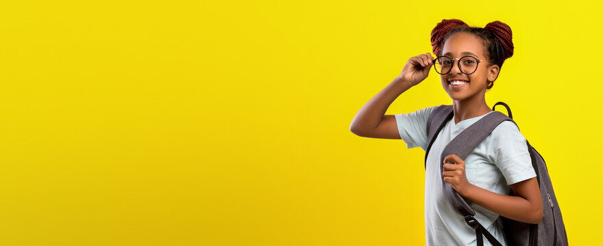 A young girl with braided hair wears glasses and smiles happily. She stands against a vibrant yellow background while holding her backpack, ready for a fun day ahead.