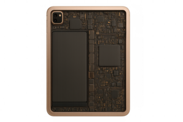 Tablet electronic circuit board displaying internal components and microchips for digital technology