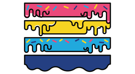 Isolated colorful cake layers with dripping icing and sprinkles