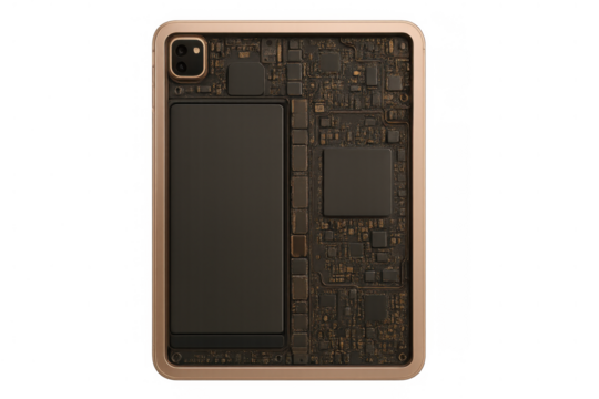 Tablet electronic circuit board displaying internal components and microchips for digital technology