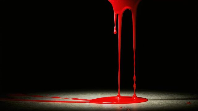 In the darkness, a thin stream of viscous blood-red liquid drips and a spreading puddle.