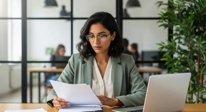 Focused businesswoman reading documents at her modern office desk.