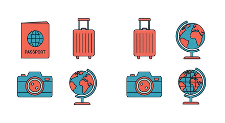 Travel essentials passport luggage camera globe vacation items set