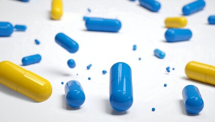 Pharmaceutical Capsules - Blue and Yellow Pills on White Background.