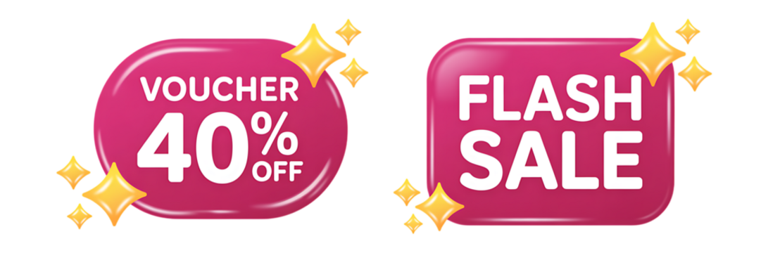 Voucher 40% Off and Flash Sale labels with stars on black background discount “Sale Promotion Badge and Speech Bubble Icon Set – Special Offer Discount Labels”
